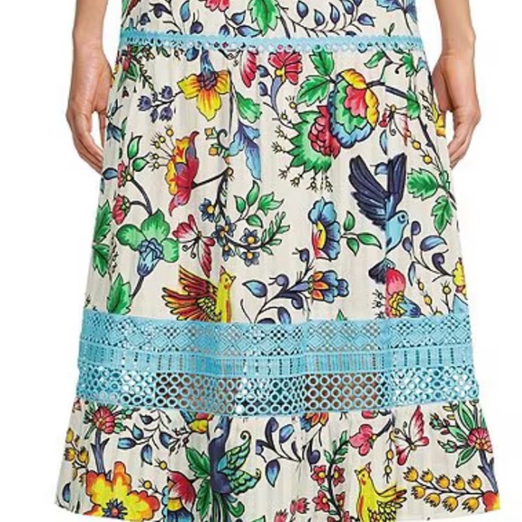 Floral Print Split Neck Short Sleeve Lace Trim Button Front Midi Dress size L - Picture 4 of 8